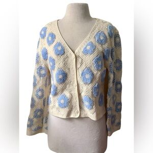 NWT AZ Blue and Cream Floral  Crochet Cardigan Sweater M
